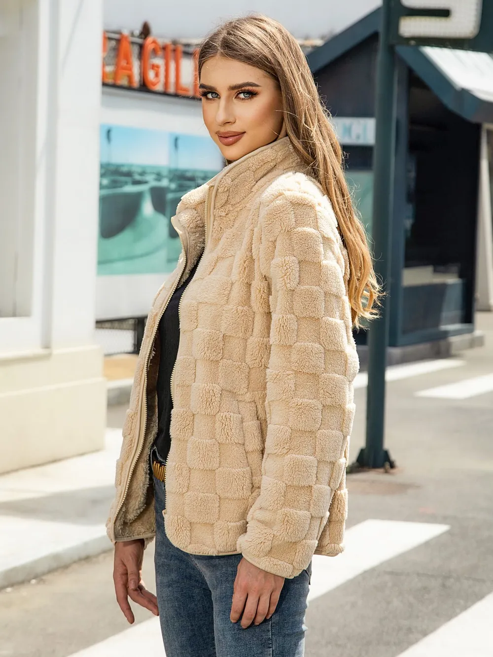 Fuzzy Checkered Zip Up Jacket, image 4
