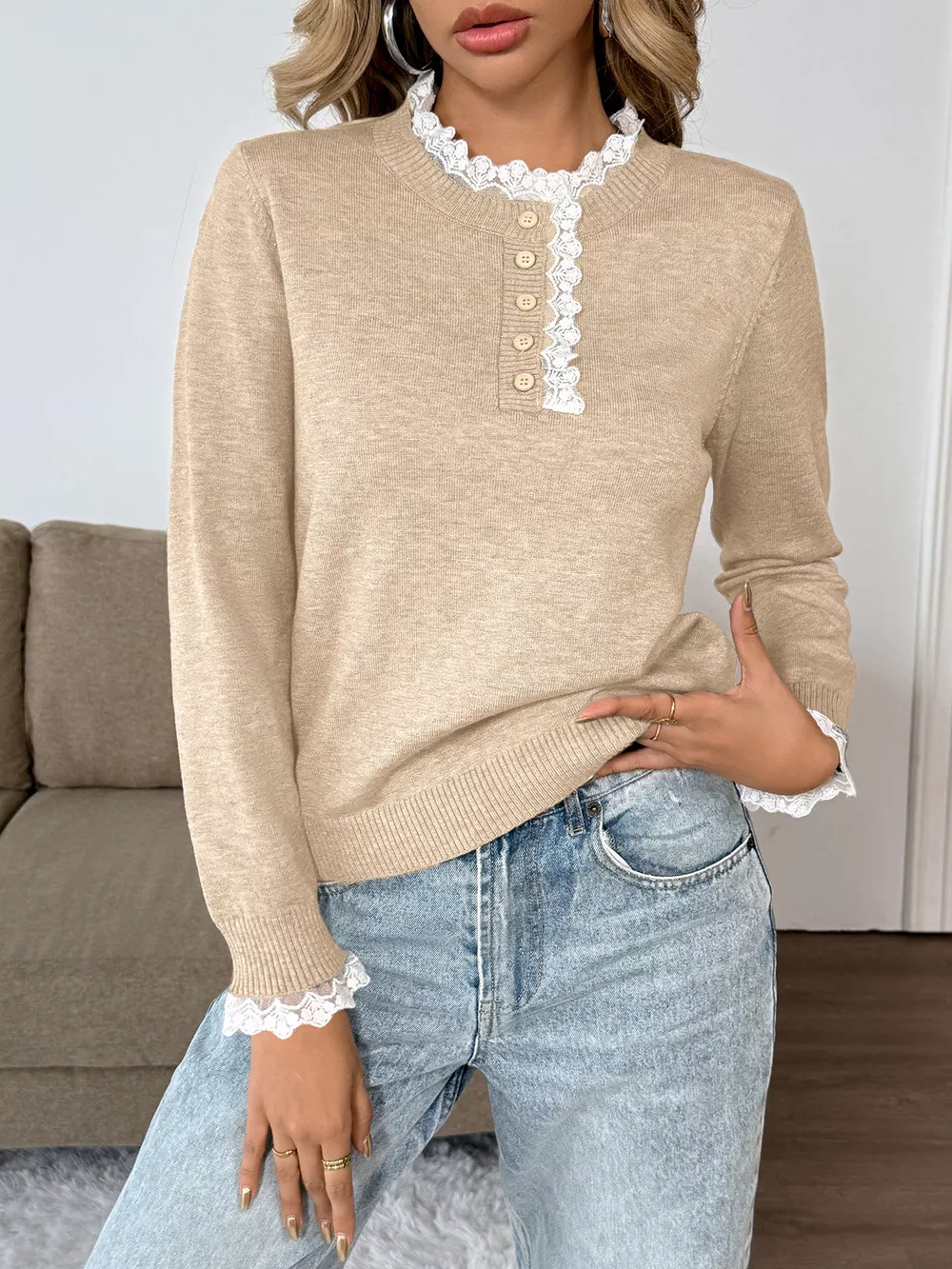 Lace Trim Button Detail Sweater