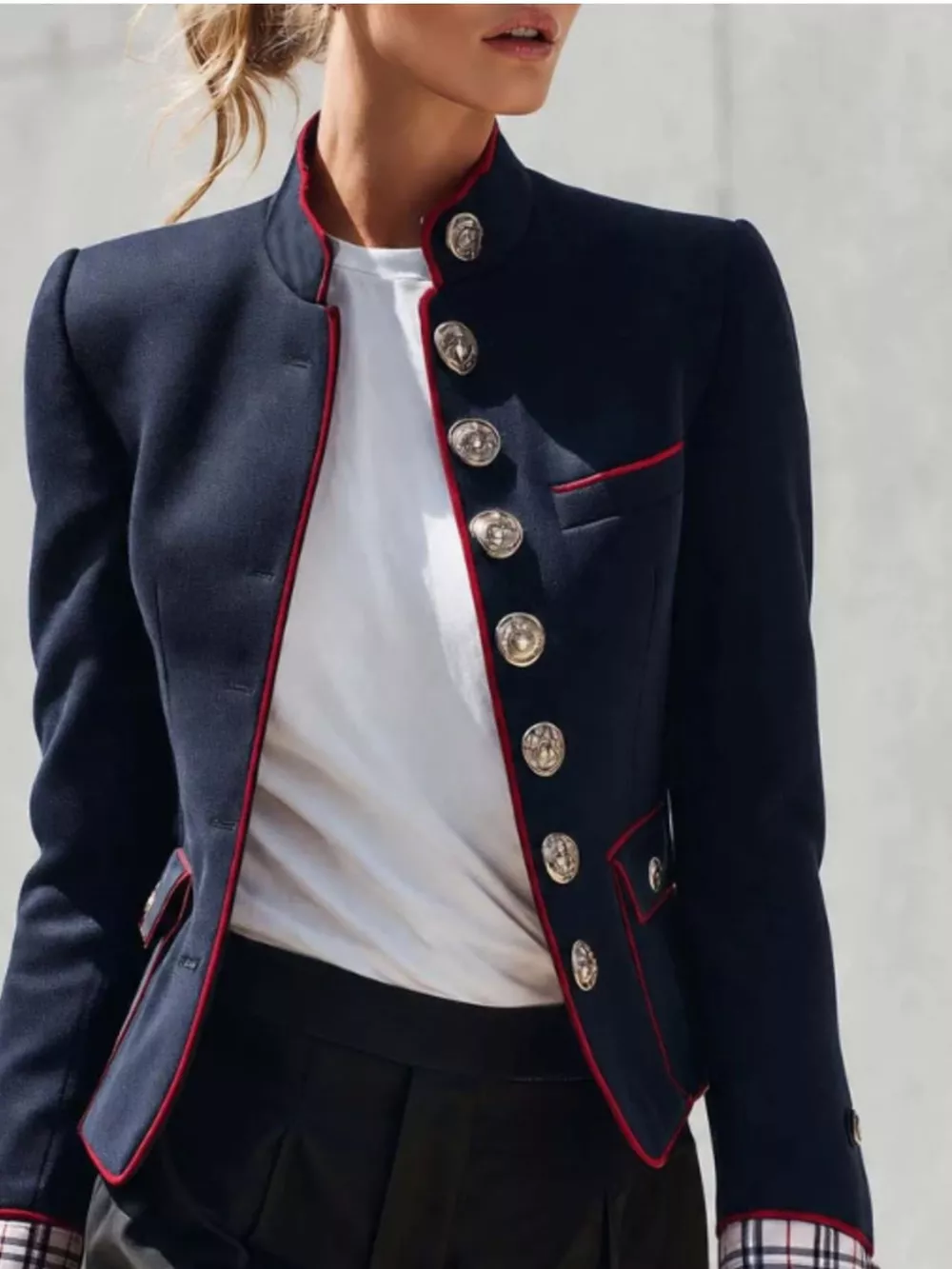 Military-Inspired Stand Collar Jacket with Red Piping, image 5