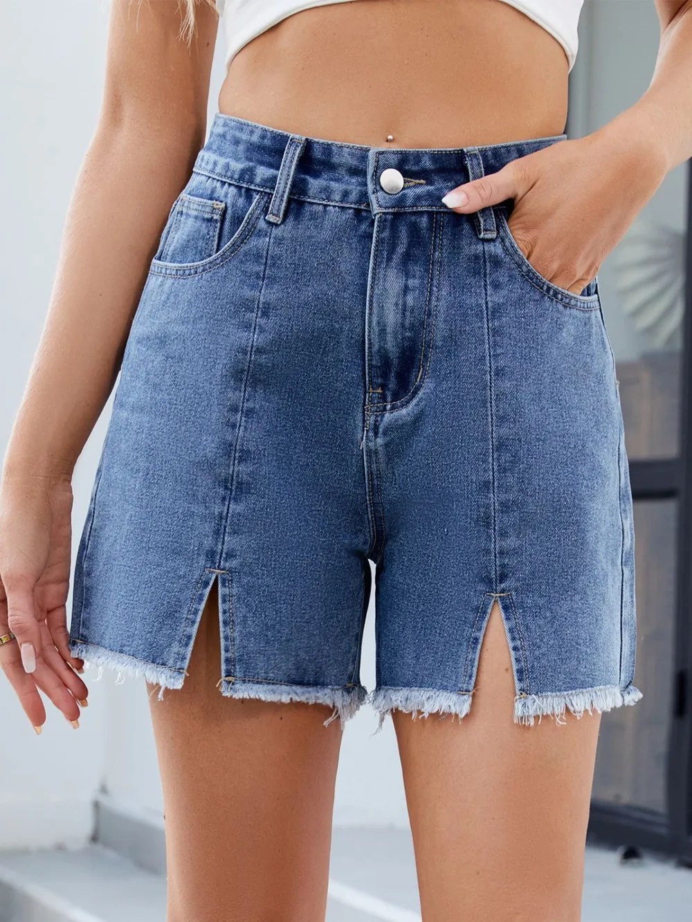 Raw Hem Slit Denim Shorts, image 2