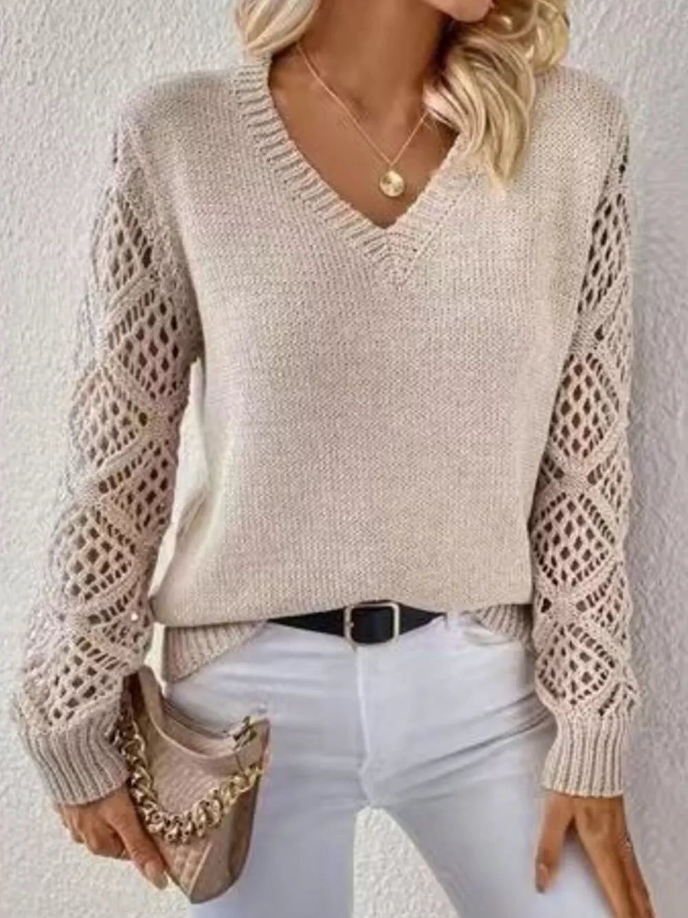 V-Neck Hollow-Out Sleeve Knit Sweater, image 2
