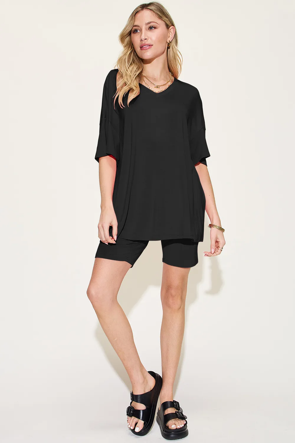 Bamboo Full Size V-Neck Drop Shoulder T-Shirt and Shorts Set, image 3