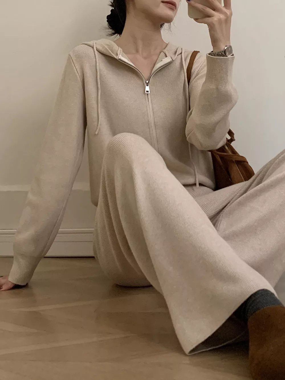 Zip Up Cardigan and Drawstring Wide Leg Pants Knit Set, image 16