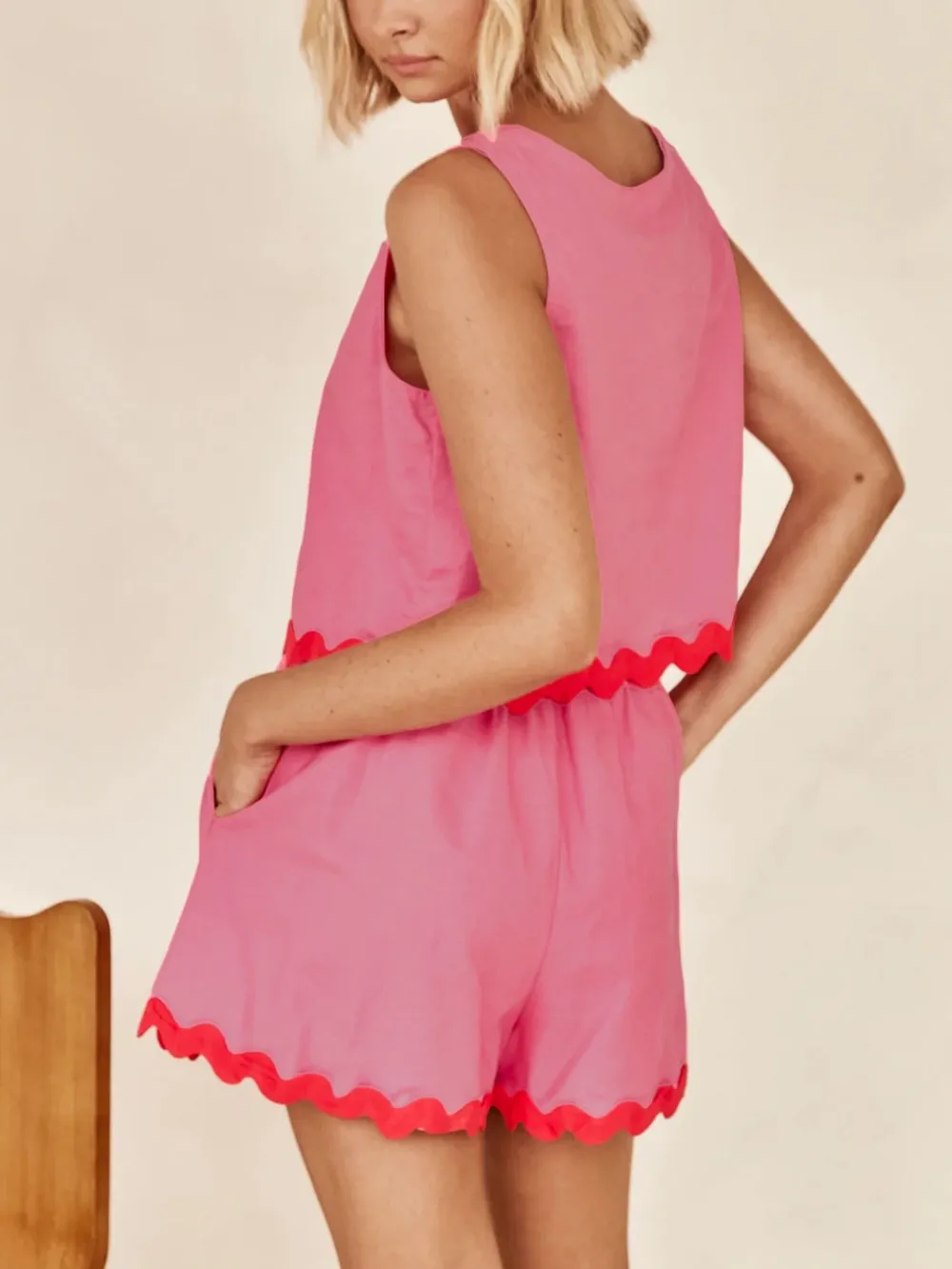 Contrast Trim Round Neck Tank and Shorts Set, image 5