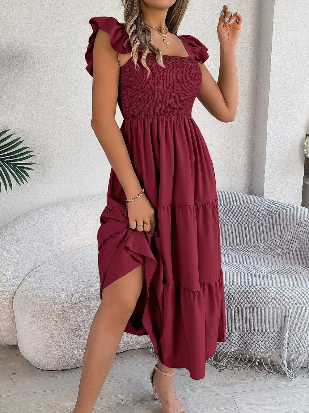 Smocked Square Neck Cap Sleeve Midi Dress, image 2