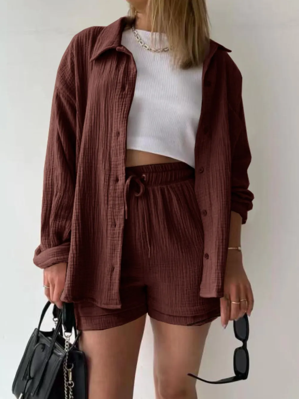 Textured Button Up Shirt and Shorts Set, image 2