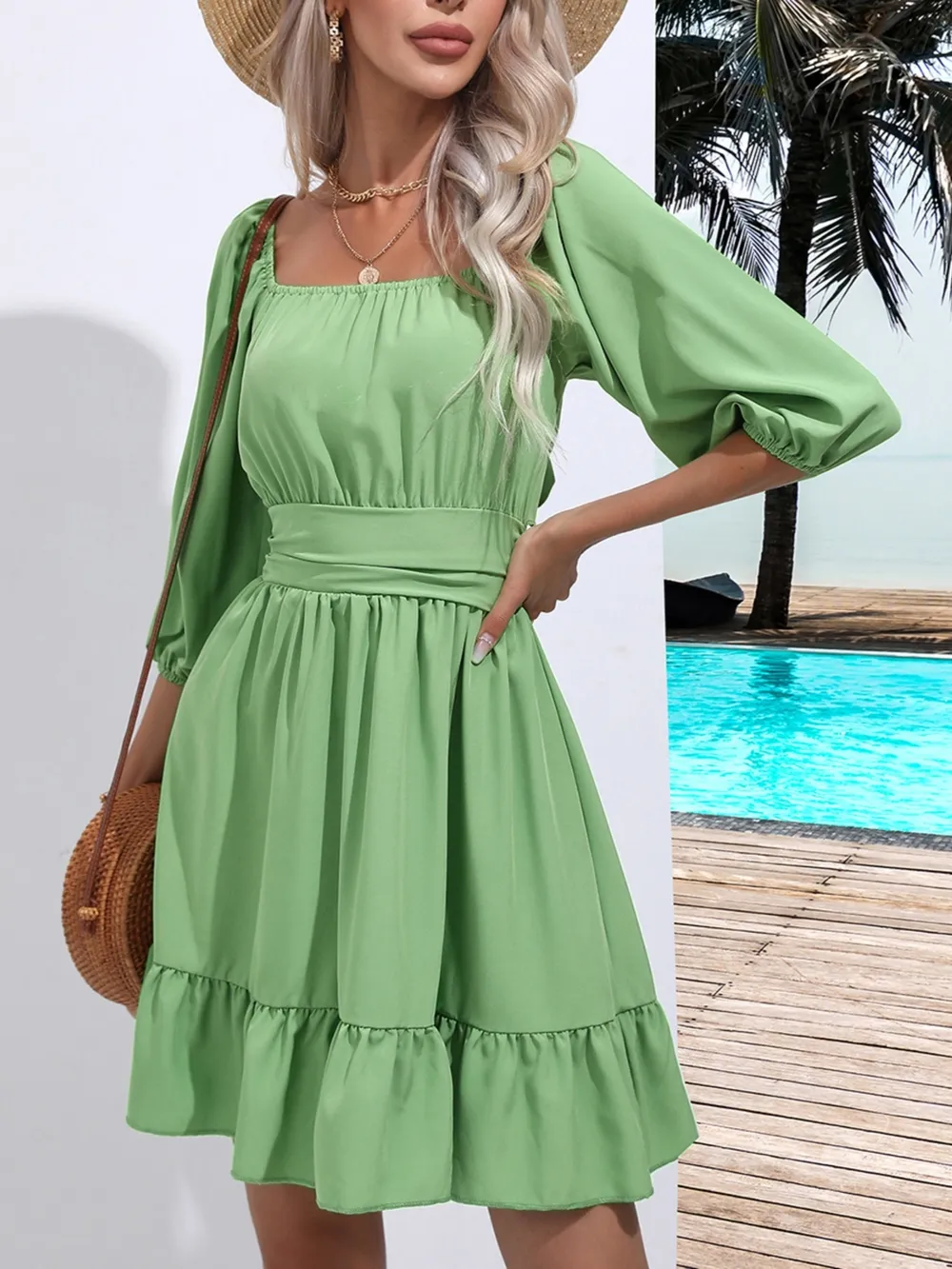 Tie Back Ruffled Hem Square Neck Dress, image 2