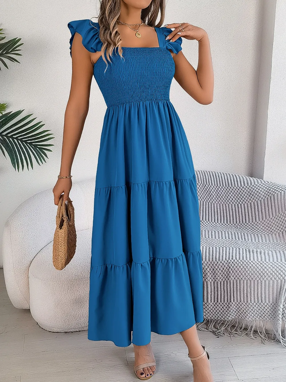 Smocked Square Neck Cap Sleeve Midi Dress, image 3
