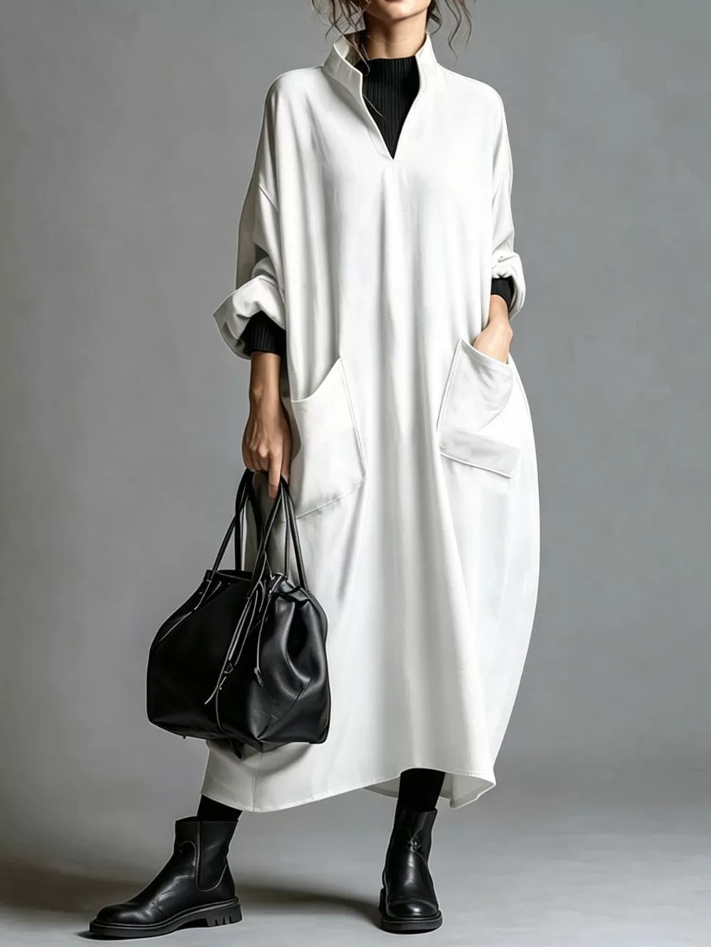 Full Size Loose-Fit Mock Neck Midi Dress with Pockets Plus Size, image 10
