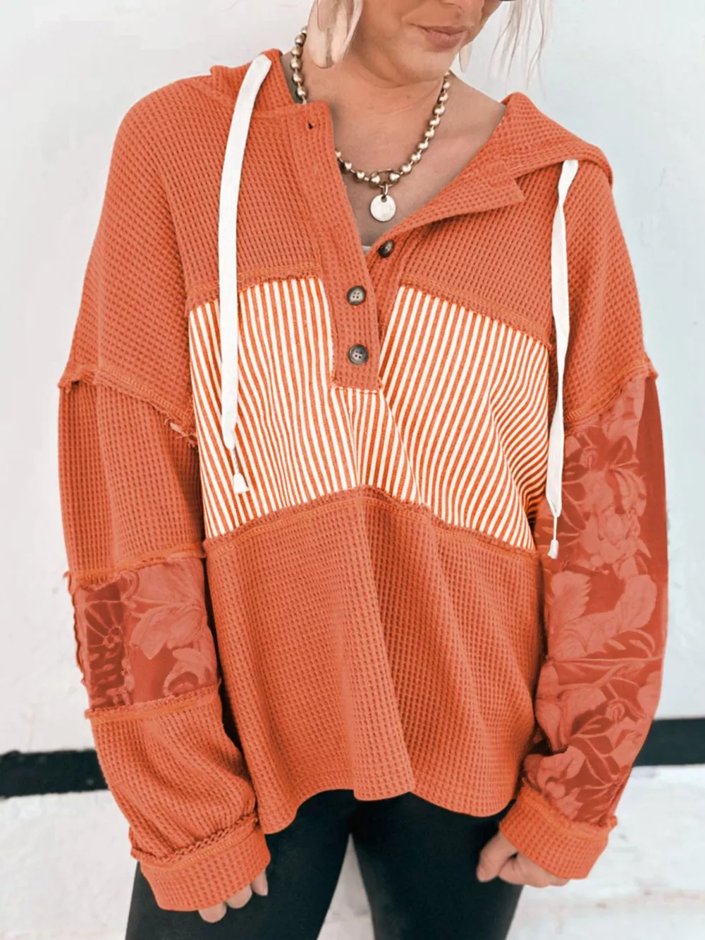 Waffle Knit Color Block Striped Drawstring Hoodie