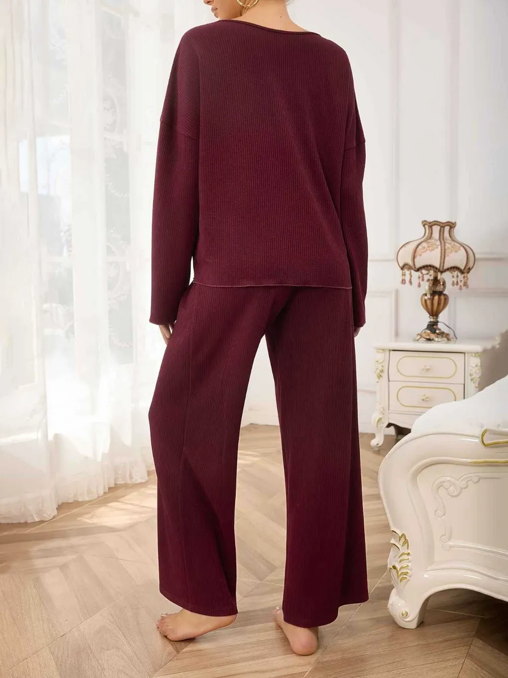 V-Neck Long Sleeve Top and Wide Leg Pants Set, image 5