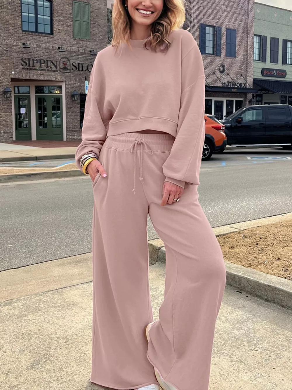 Drop Shoulder Puff Sleeve Crop Top and Drawstring Wide Leg Pants Set, image 2