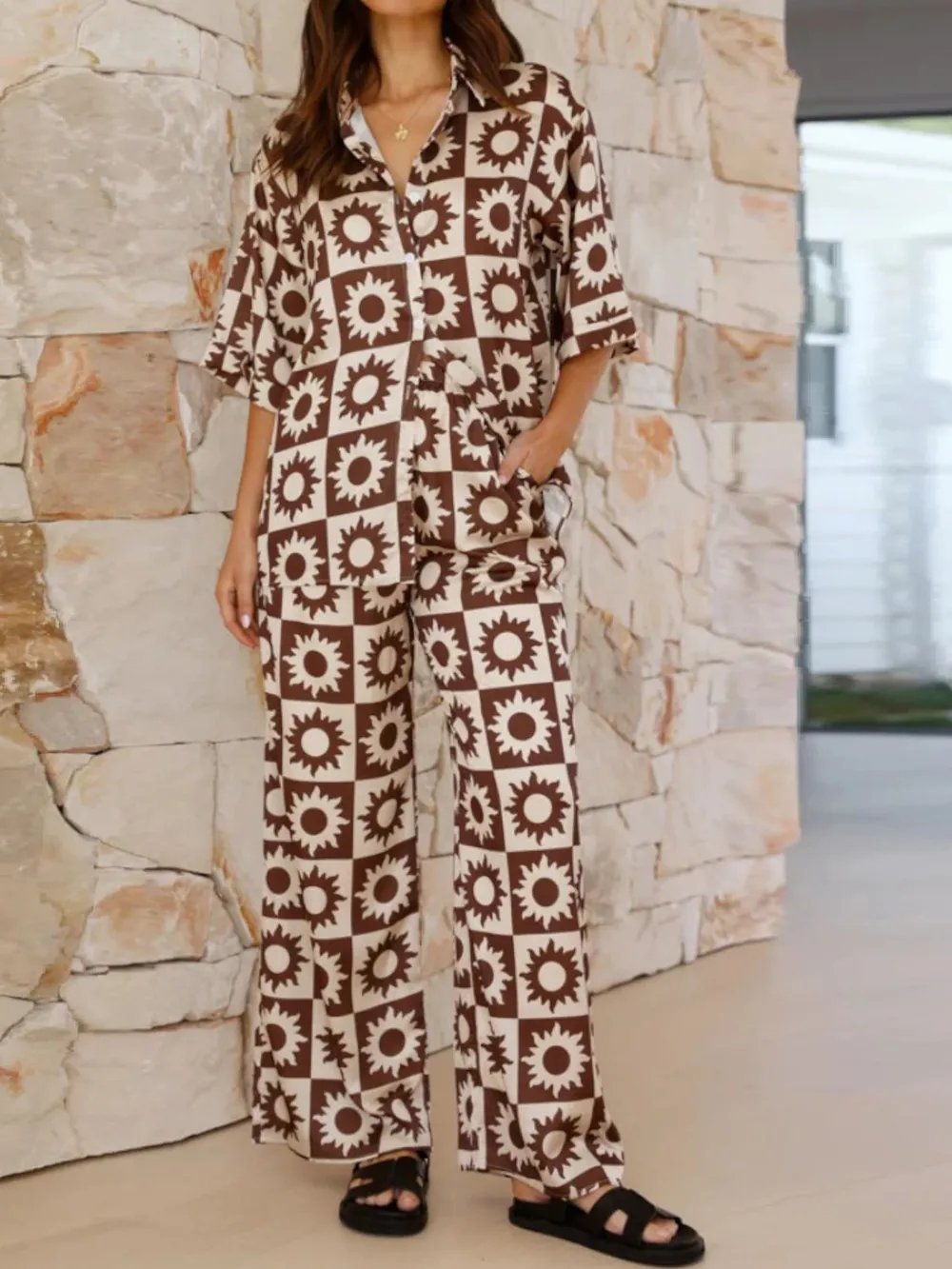 Printed Collared Neck Top and Pants Set, image 2
