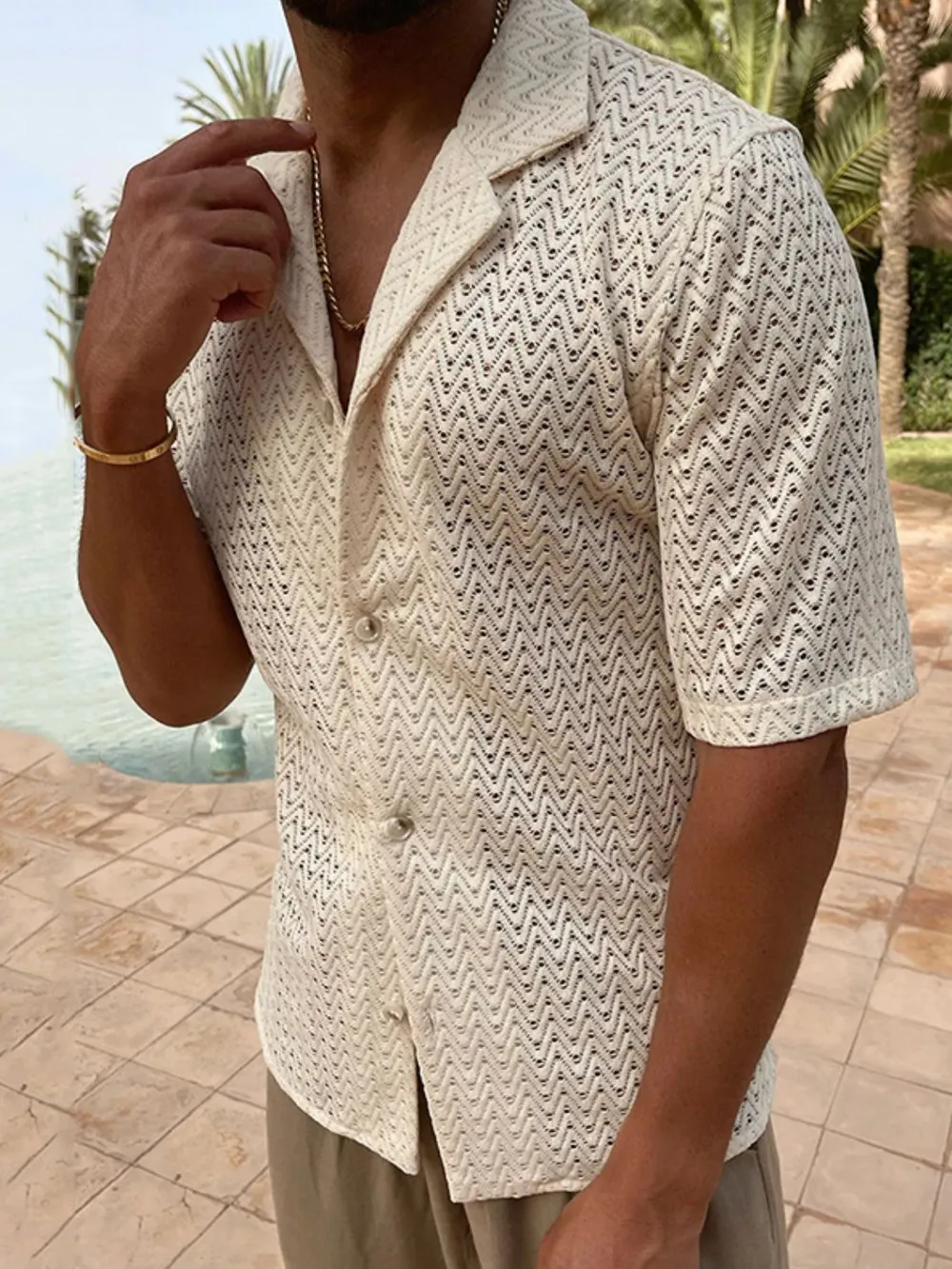 Men's Plus Size Herringbone Eyelet Button Down Knit Shirt, image 2