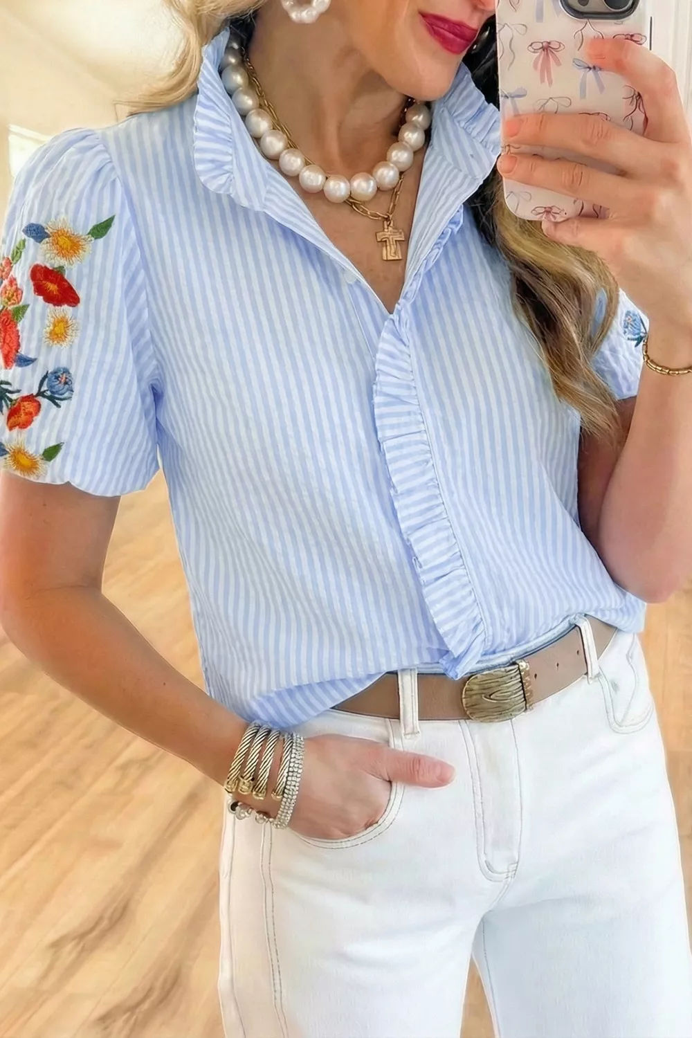 Stripe Floral Embroidered Puff Sleeve Ruffle Trim Shirt, image 5