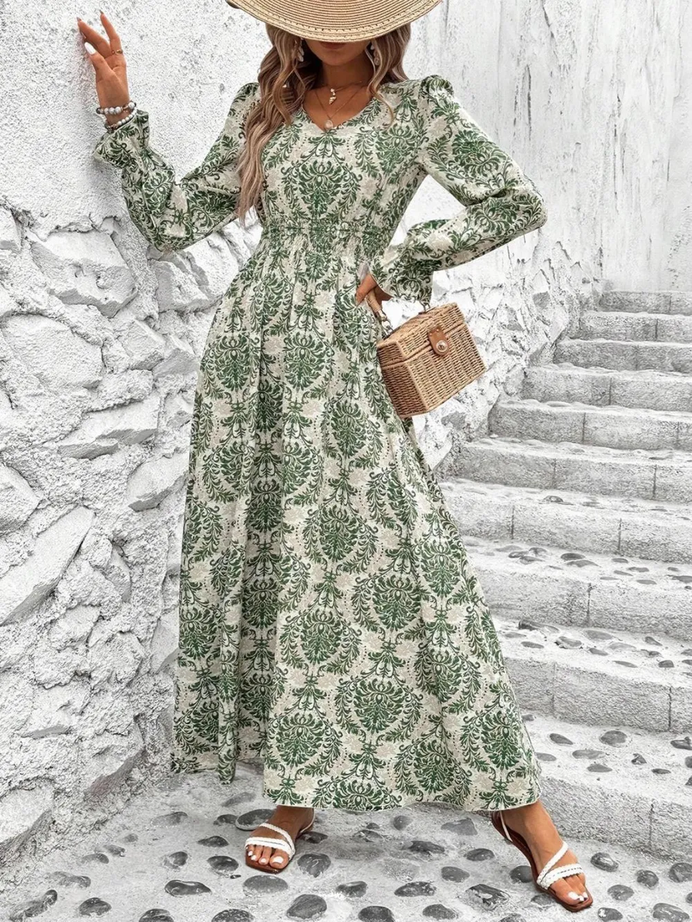 Smocked Printed V-Neck Flounce Sleeve Dress, image 6