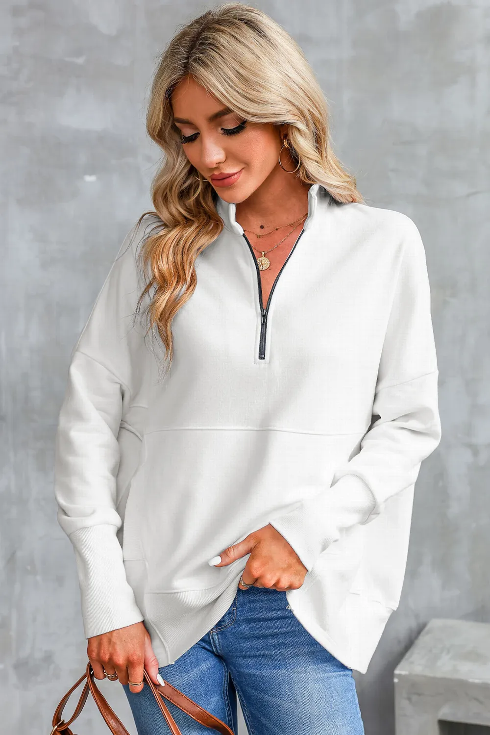 Half Zip Pocketed Dropped Shoulder Sweatshirt, image 2
