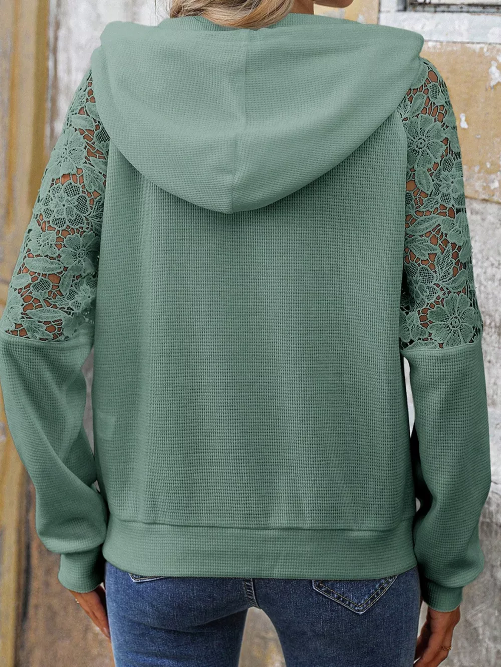 Lace Detail Drawstring Long Sleeve Hoodie, image 2