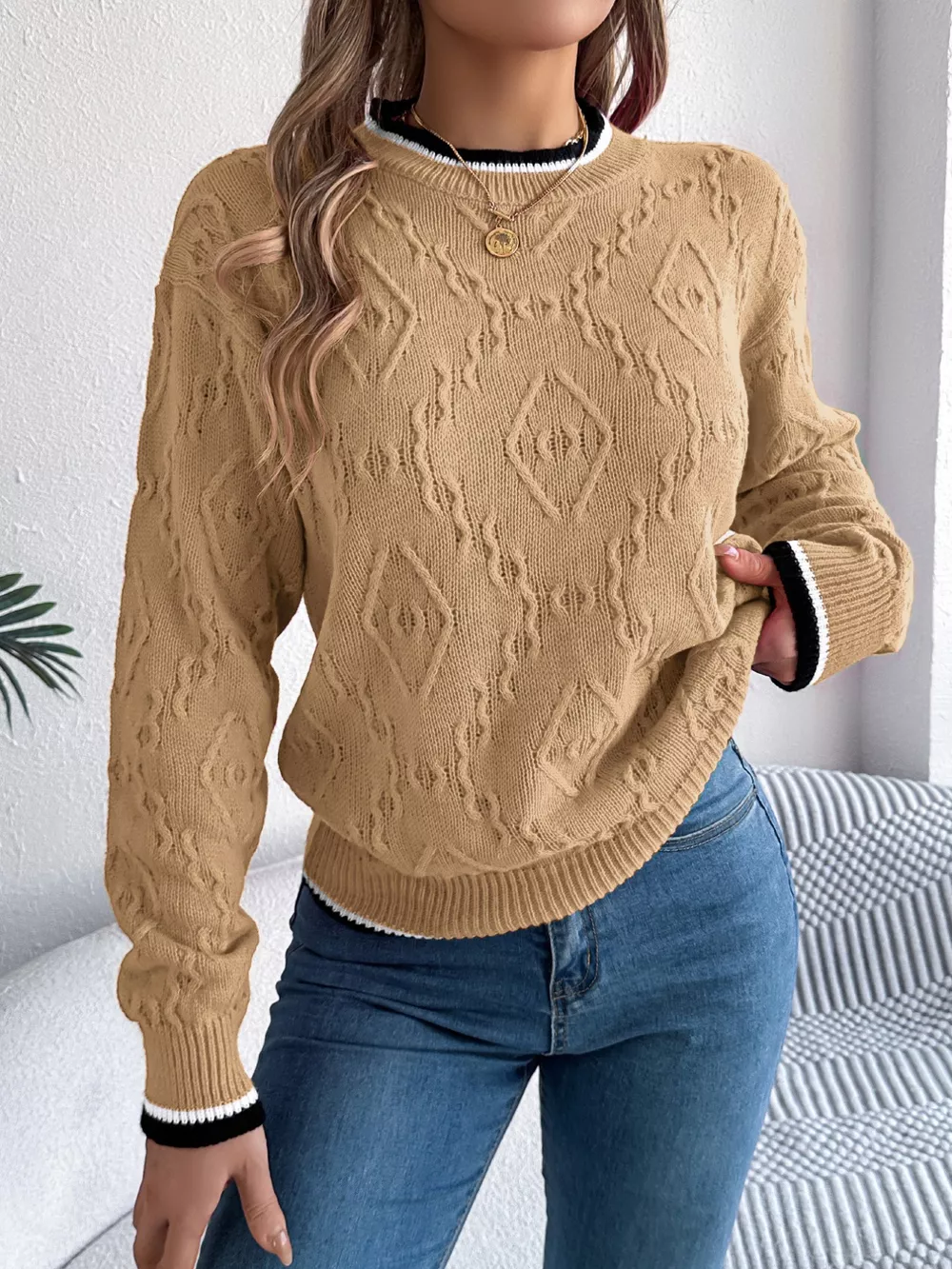 Contrast Trim Round Neck Sweater, image 11