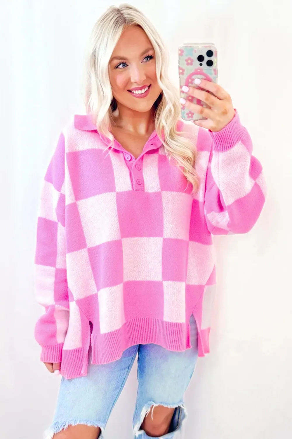 Slit Checkered Half Button Long Sleeve Sweater, image 10
