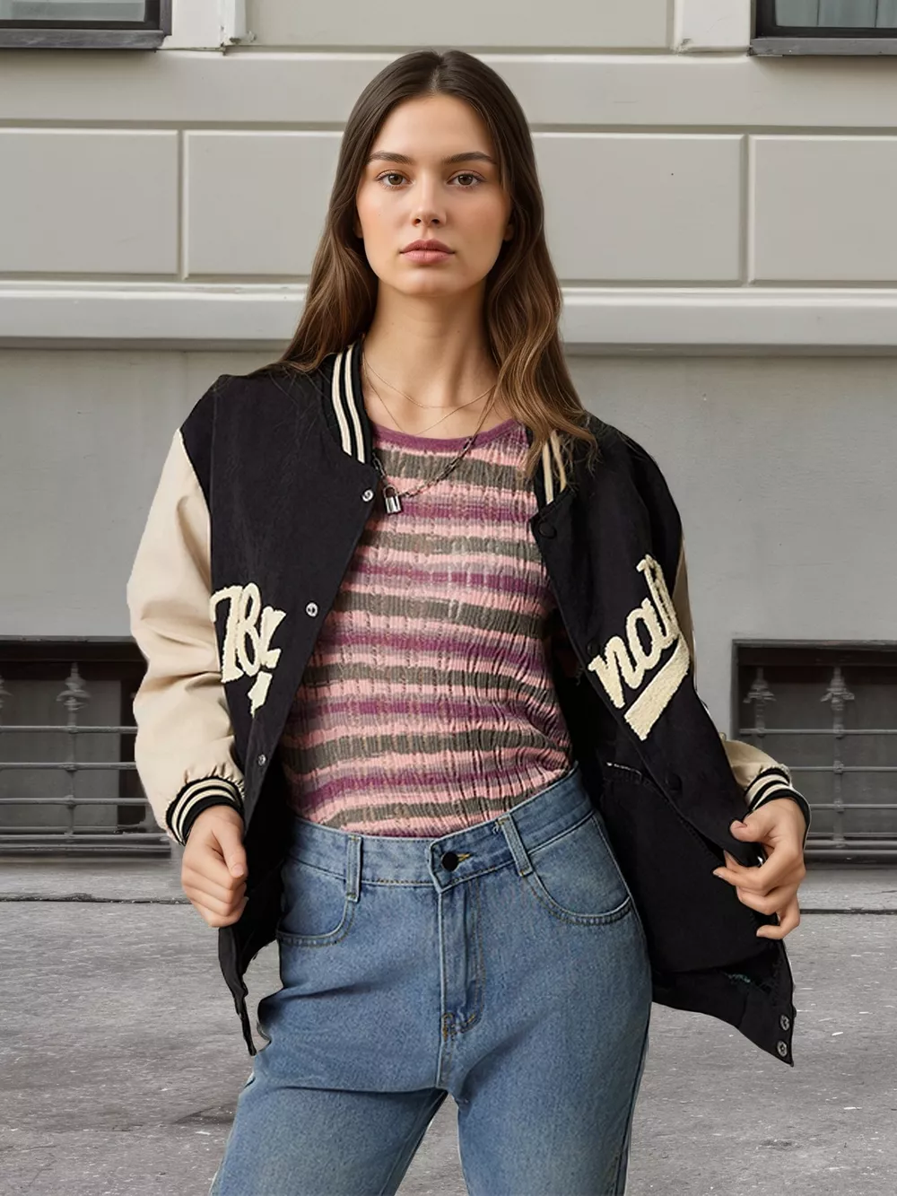 Contrast Baseball Jacket with Embroidered Lettering, image 2