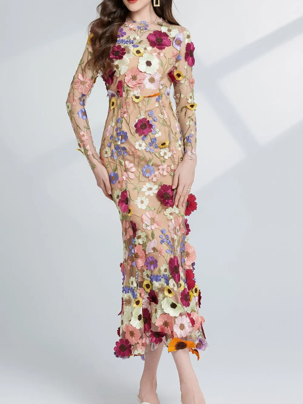 Floral Embroidered Mesh Long Sleeve Midi Dress, image 5