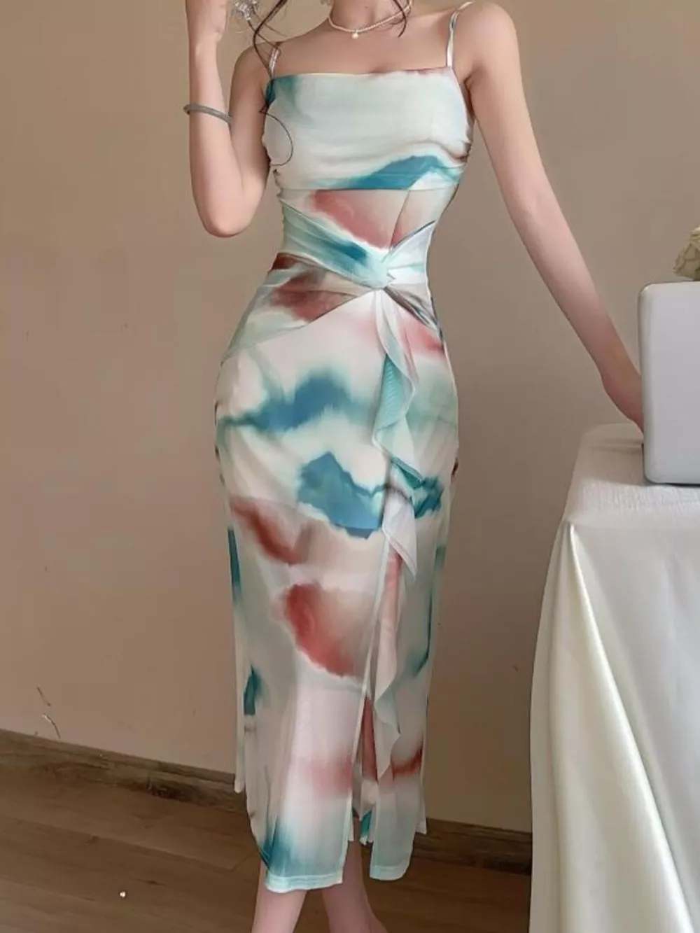 Abstract Watercolor Print Ruched Midi Dress, image 5