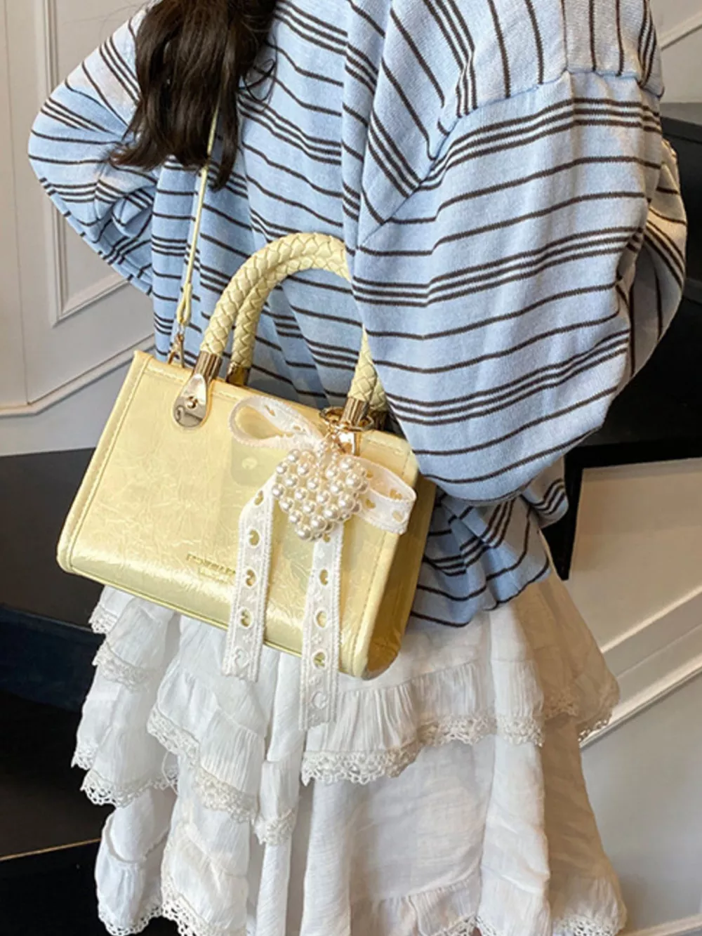 Braided Handle Pearl Decor Crossbody Bag, image 12