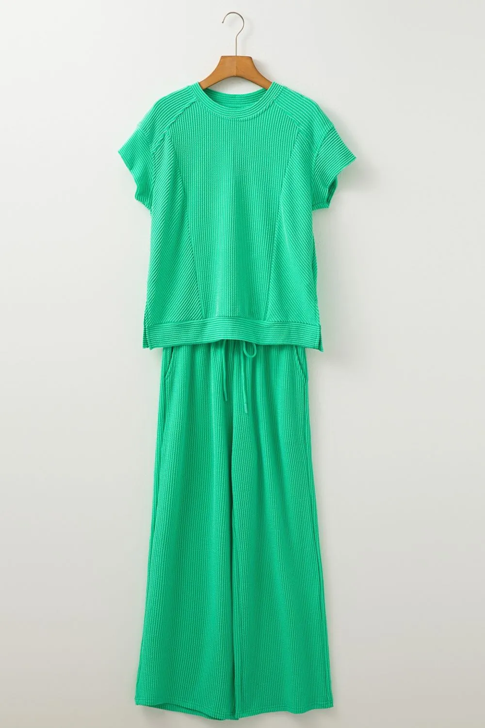 Ribbed Knit Round Neck Top and Pants Casual Set, image 2