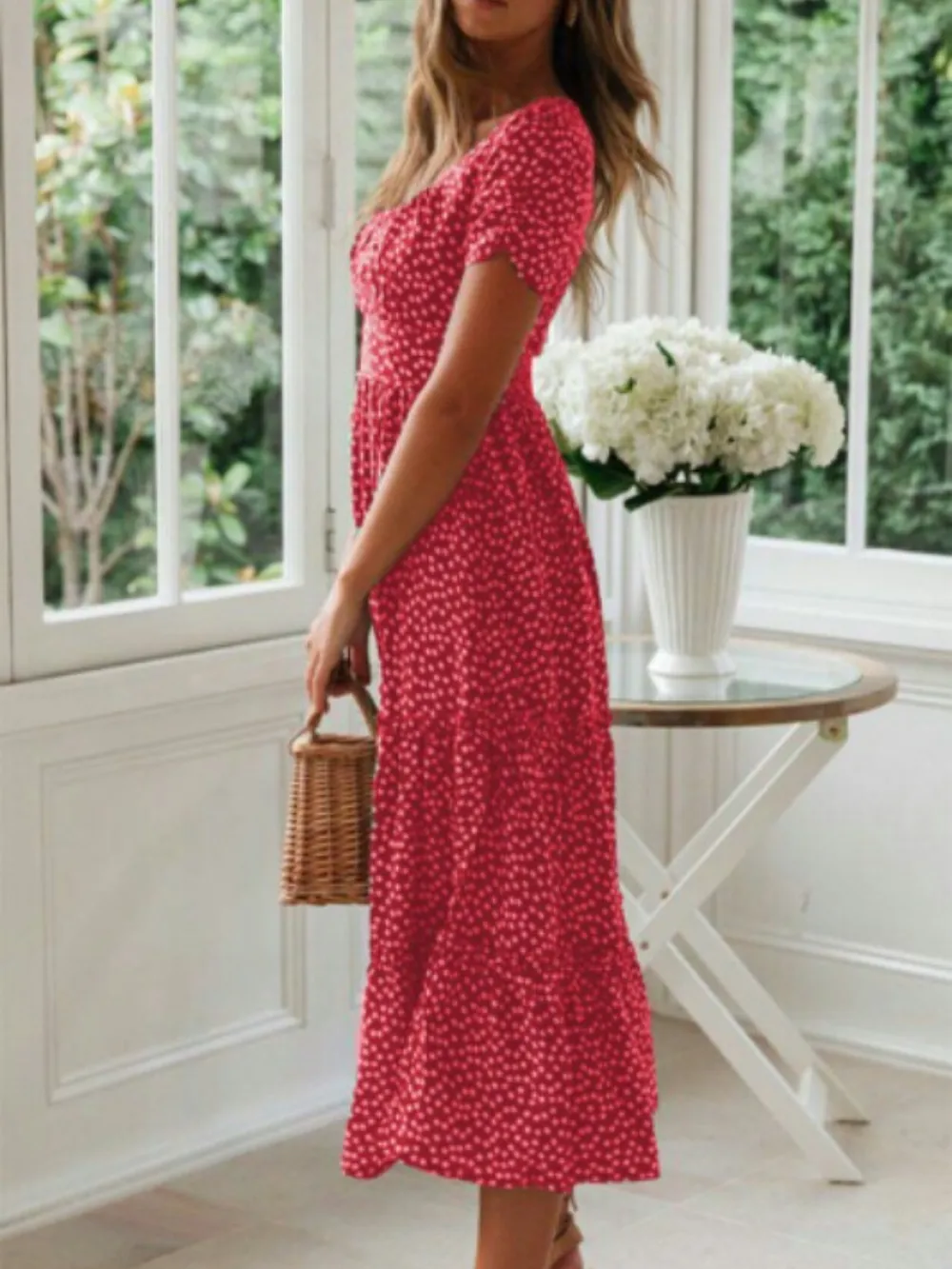 Printed Square Neck Short Sleeve Midi Dress, image 2