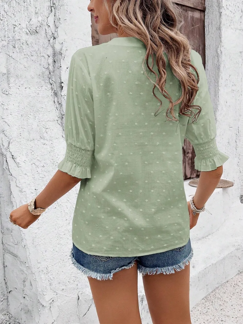 Eyelet Notched Flounce Sleeve Blouse, image 4