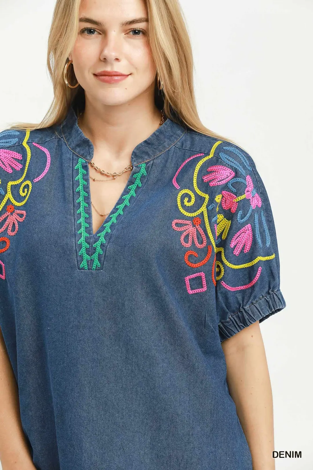 Embroidered Denim Puff Sleeve Top, image 5