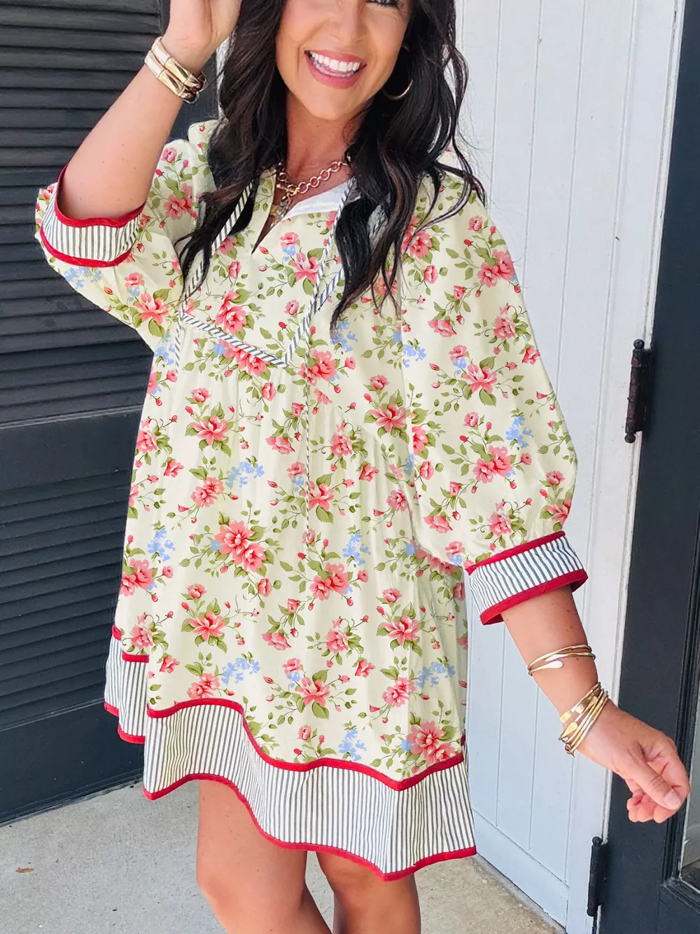 Striped Edge 3/4 Puff Sleeve Floral Dress, image 3
