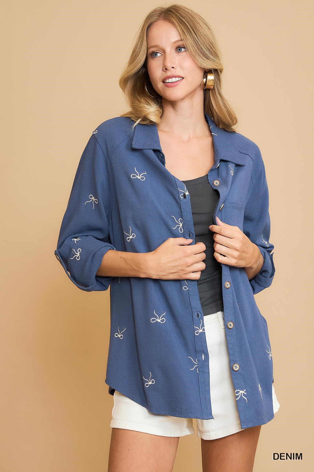 Linen Blend Fitted Shirt with Ribbon Embroidery Details, image 2