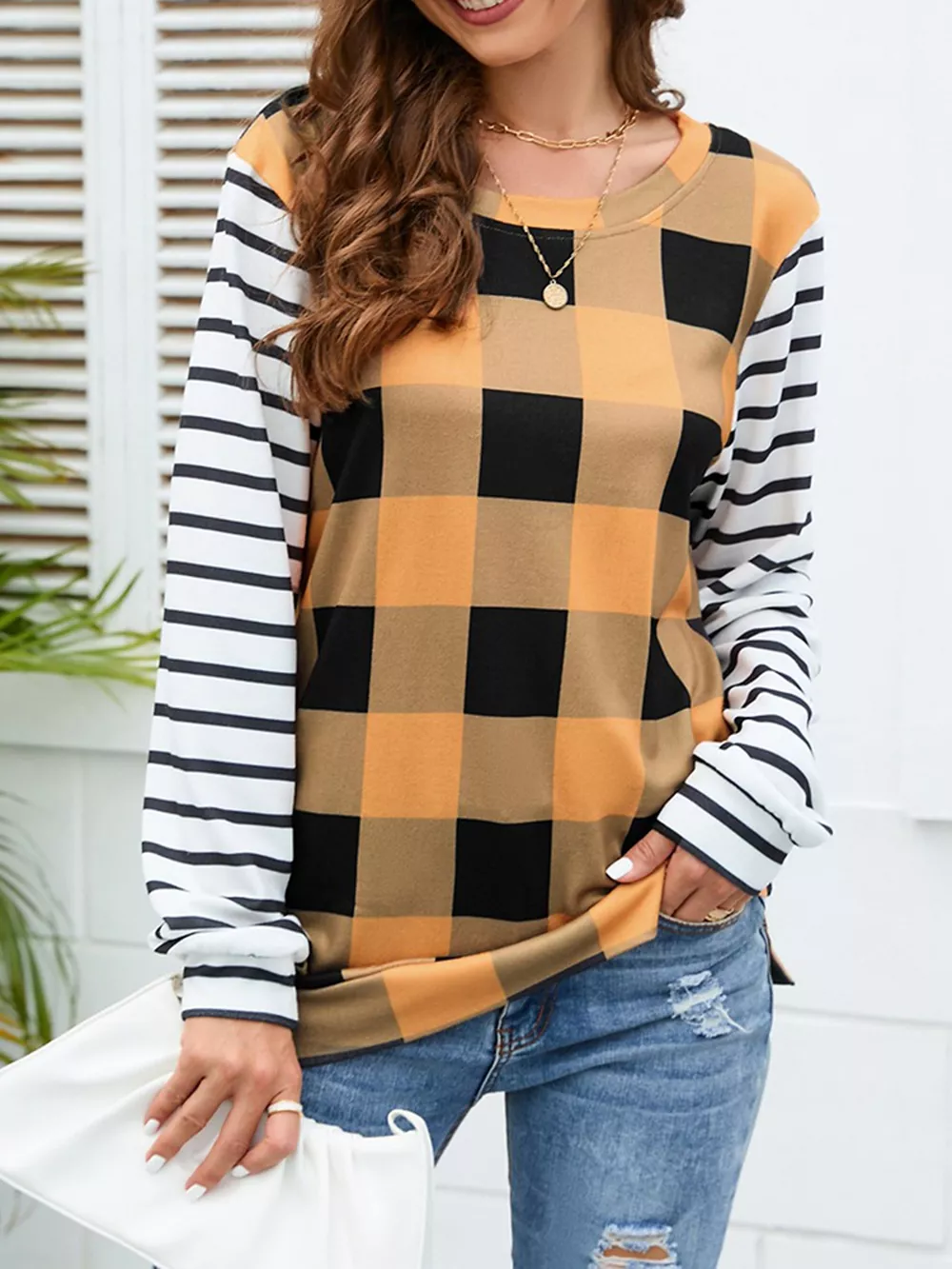 Plaid and Stripe Contrast Long Sleeve T-Shirt, image 4