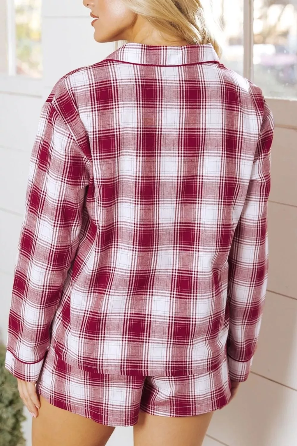 Plaid Long Sleeve Shirt and Drawstring Shorts Lounge Set, image 2