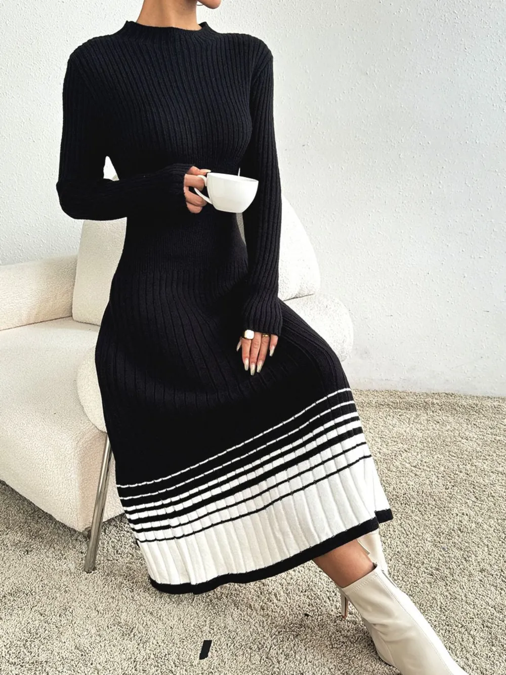 Contrast Mock Neck Long Sleeve Sweater Dress, image 3