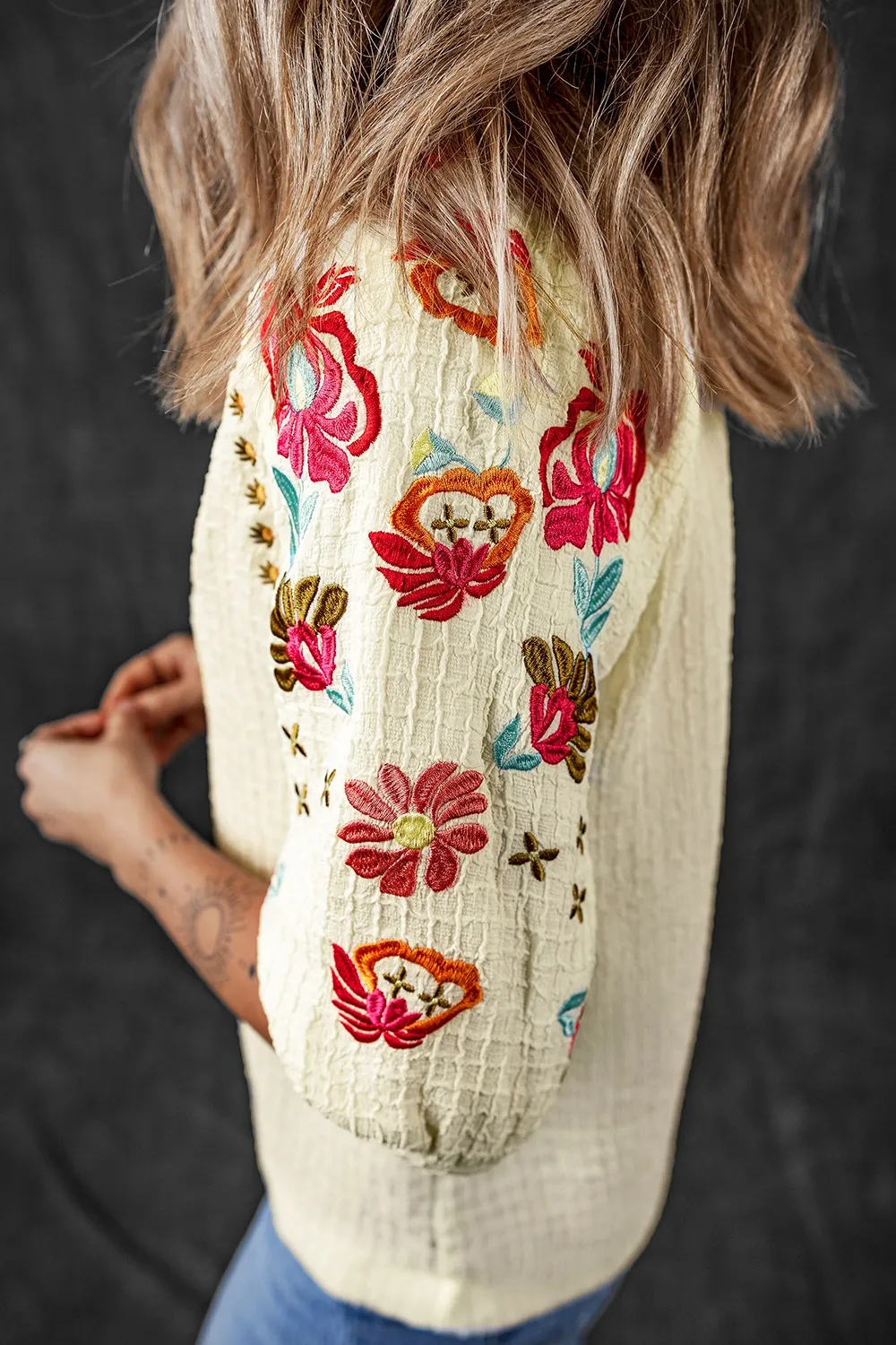 Floral Embroidered Notched Puff Sleeve Blouse, image 2