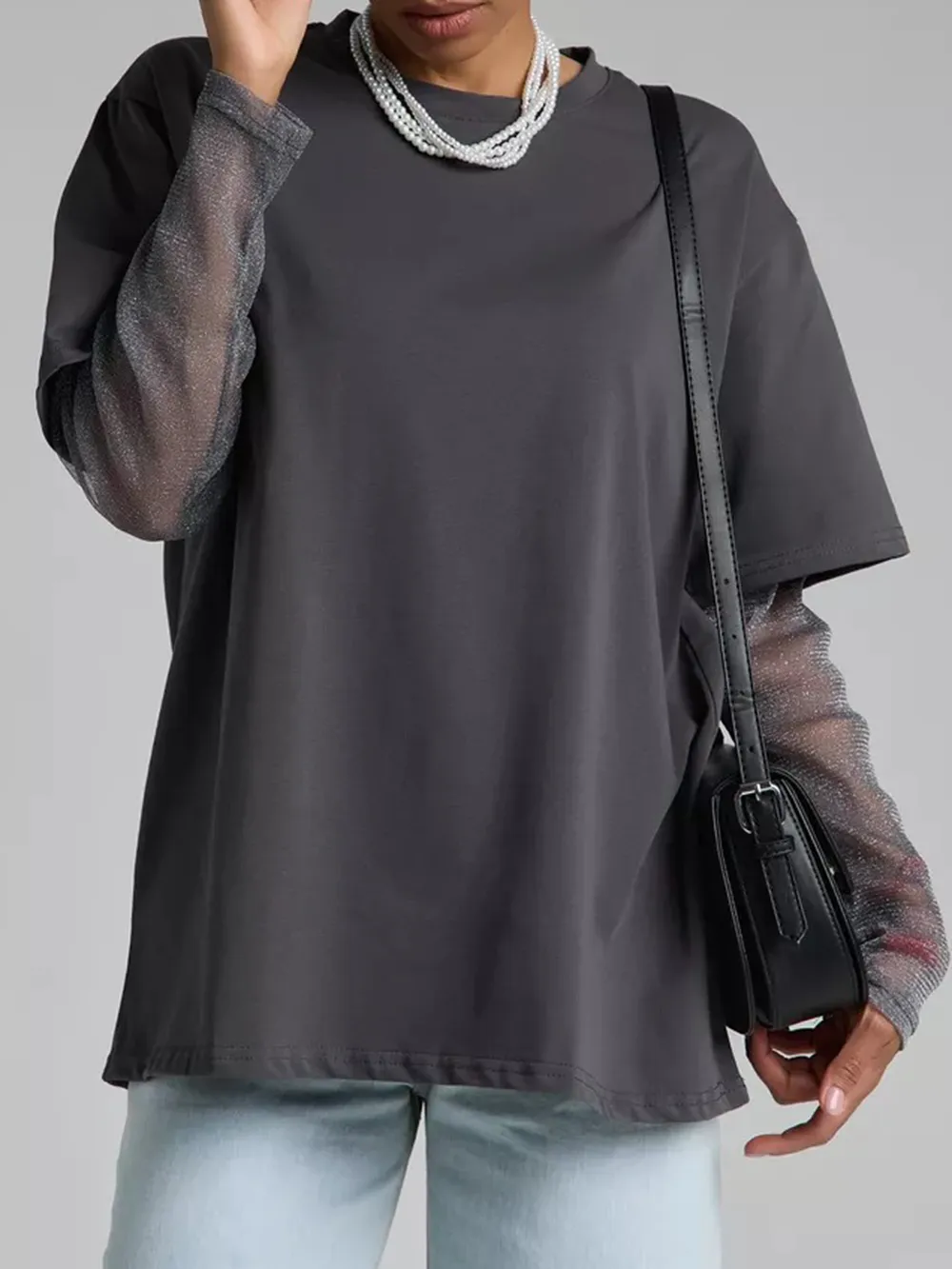 Faux Layered Round Neck Mesh Sleeve Top, image 2