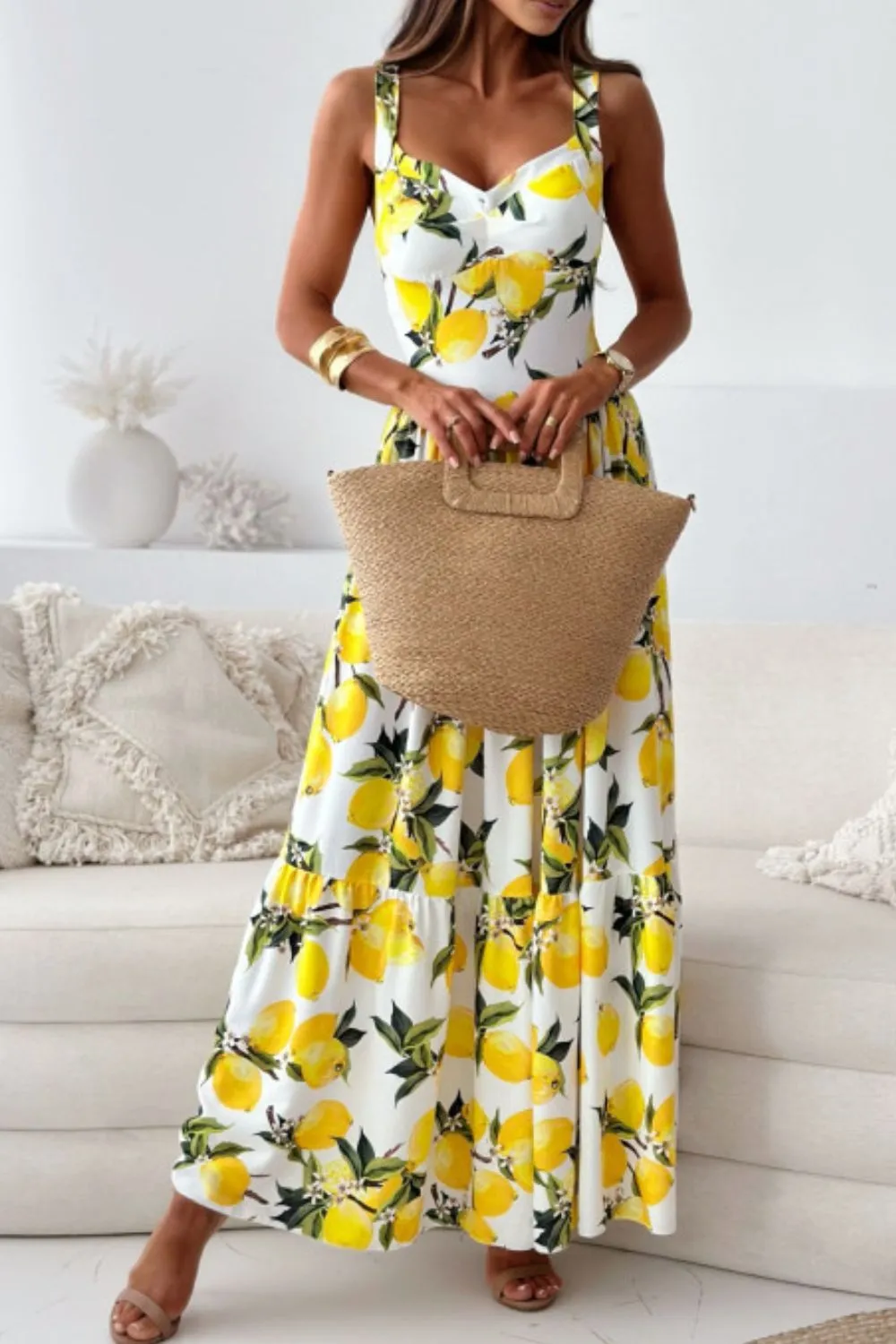 Lemon Print Sweetheart Neck Maxi Dress, image 2