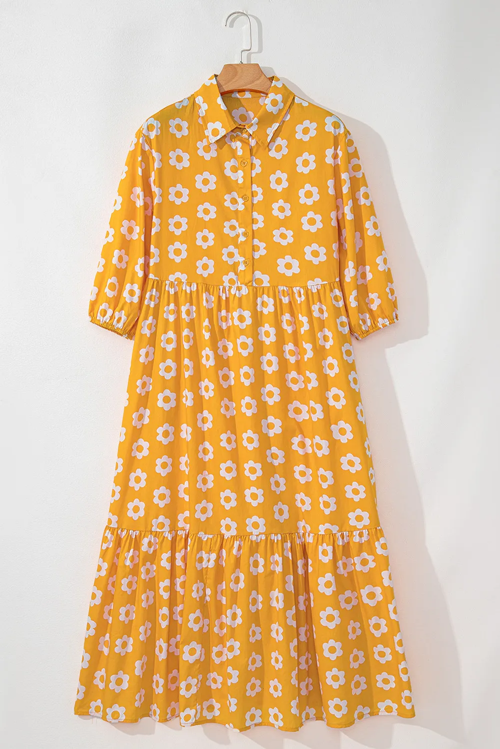 Floral Collared Neck Three-Quarter Sleeve Dress, image 2