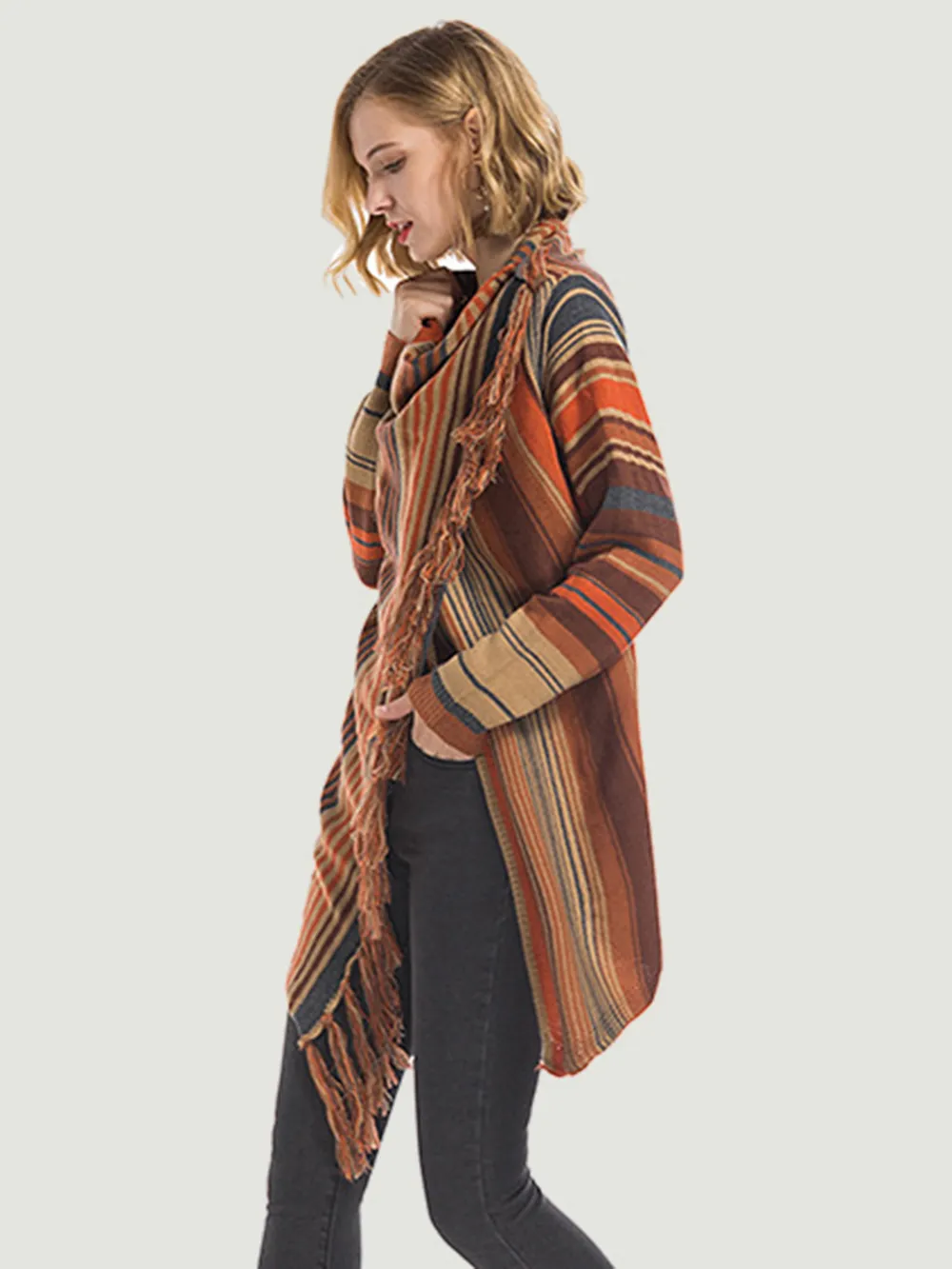 Tassel Striped Open Front Long Sleeve Cardigan, image 8