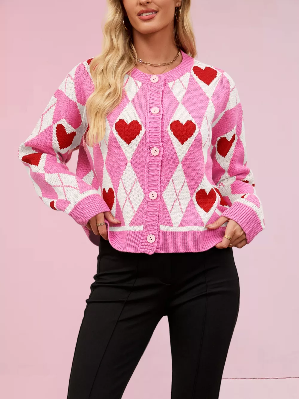 Heart Pattern Button-Up Cardigan, image 3