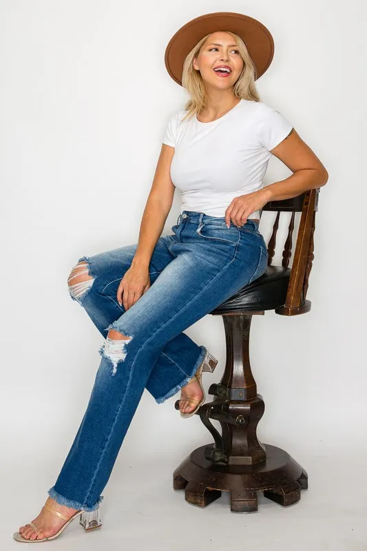 Full Size Raw Hem Distressed High Rise Bootcut Jeans, image 4