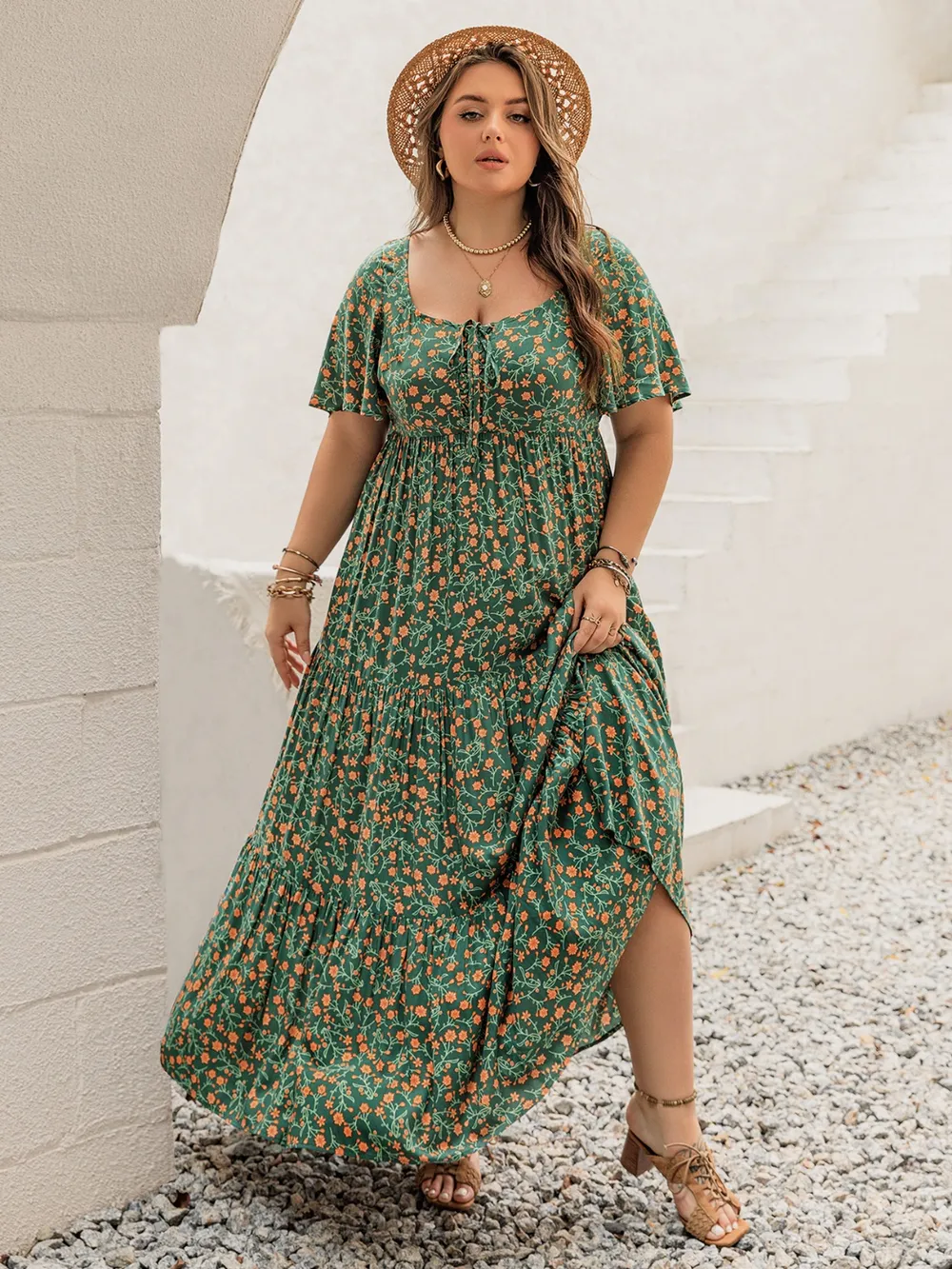 Plus Size Printed Short Sleeve Tiered Maxi Dress, image 2