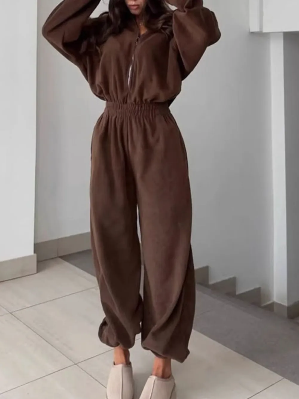 Zip Front Long Sleeve Jumpsuit, image 2
