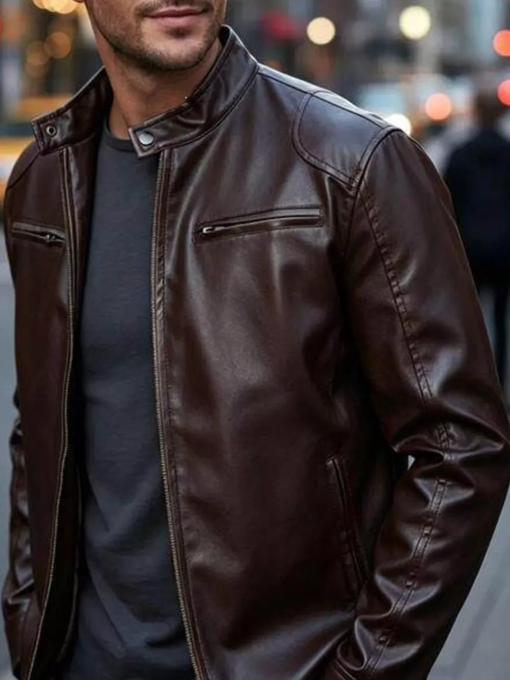 Men's Full Size Faux Leather Bomber Jacket with Zipper Pockets Plus Size, image 12