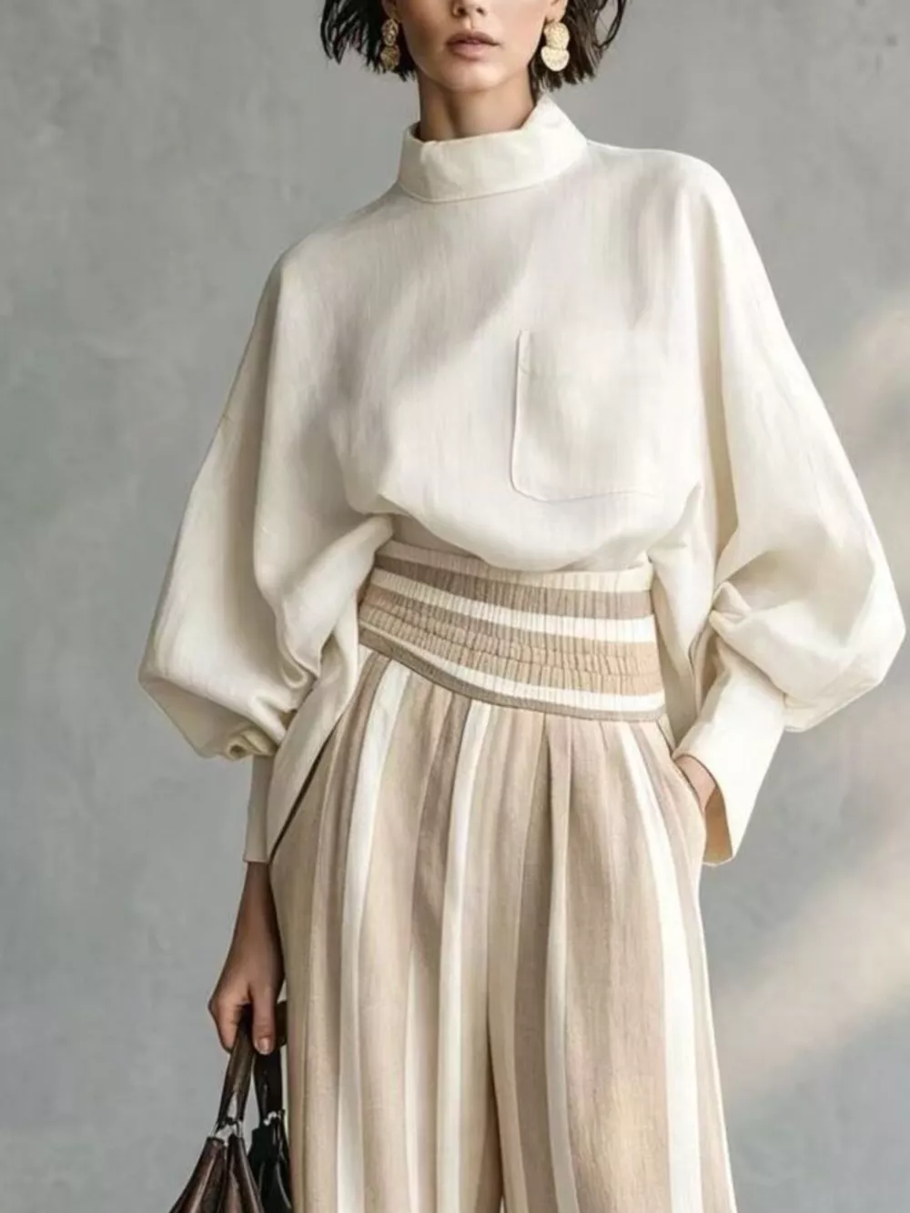 Full Size Mock Neck Top and Striped Wide-Leg Pants Set Plus Size, image 2