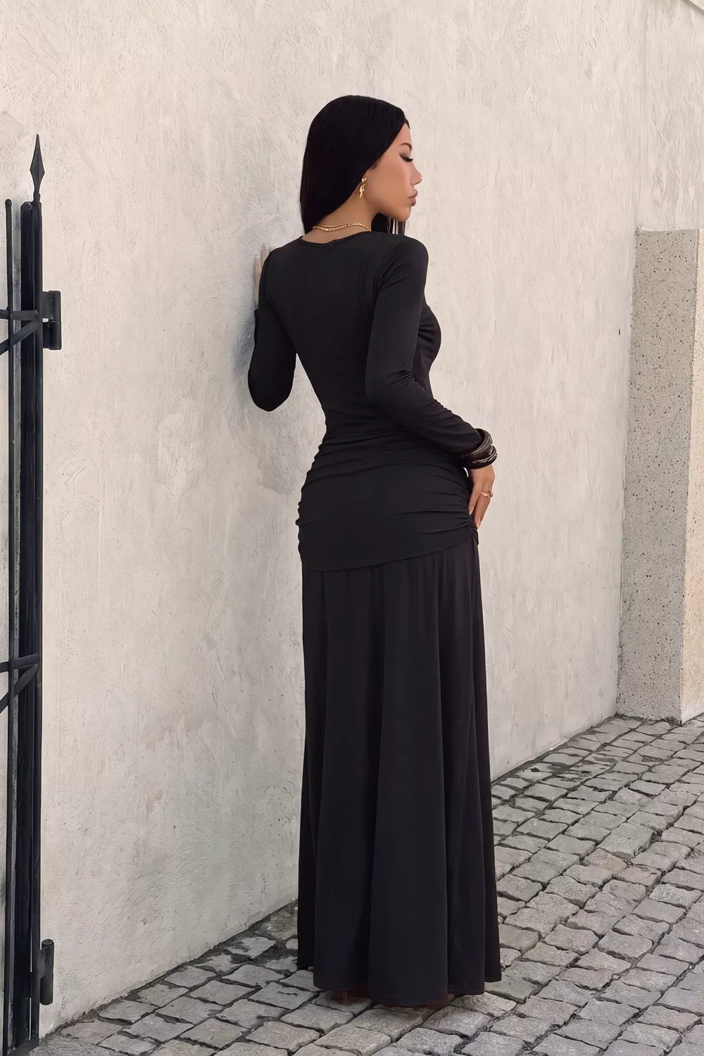 V-Neck Lace Trim Long Sleeve Tie-Waist Maxi Dress, image 4