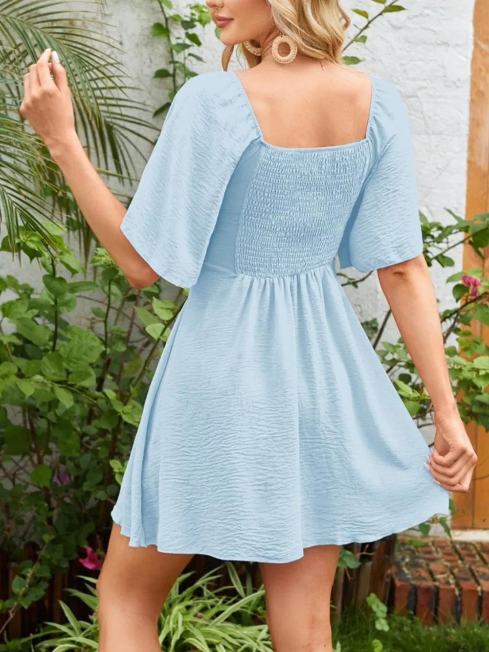 Smocked Back Knotted Flutter Sleeve Dress, image 3